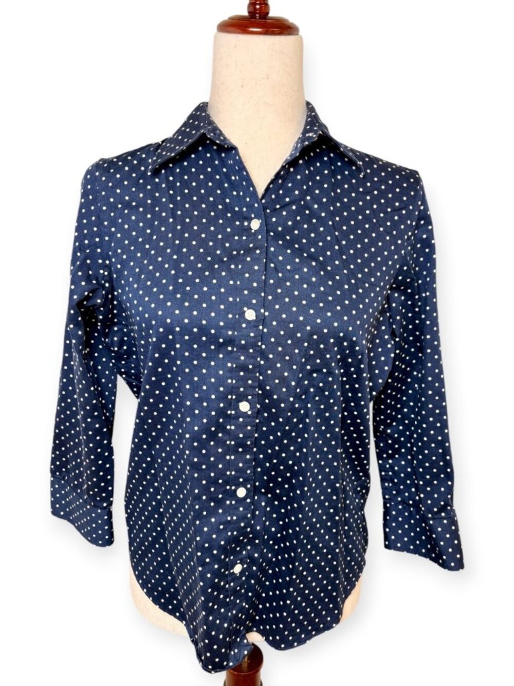 Ralph Lauren Chaps Navy White Polka Dot No-Iron Cotton Button Down Shirt Medium